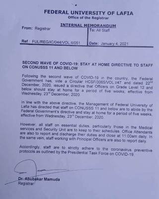 FULAFIA stay-at-home notice to staff