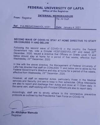 FULAFIA stay-at-home notice to staff